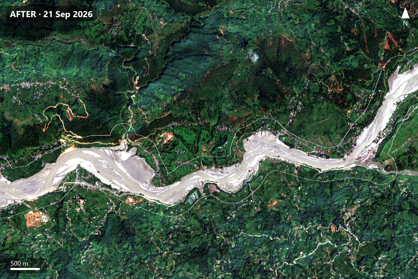 Satellite view of a river bend: green fields and houses before the flood, a wide grey sediment fan after.