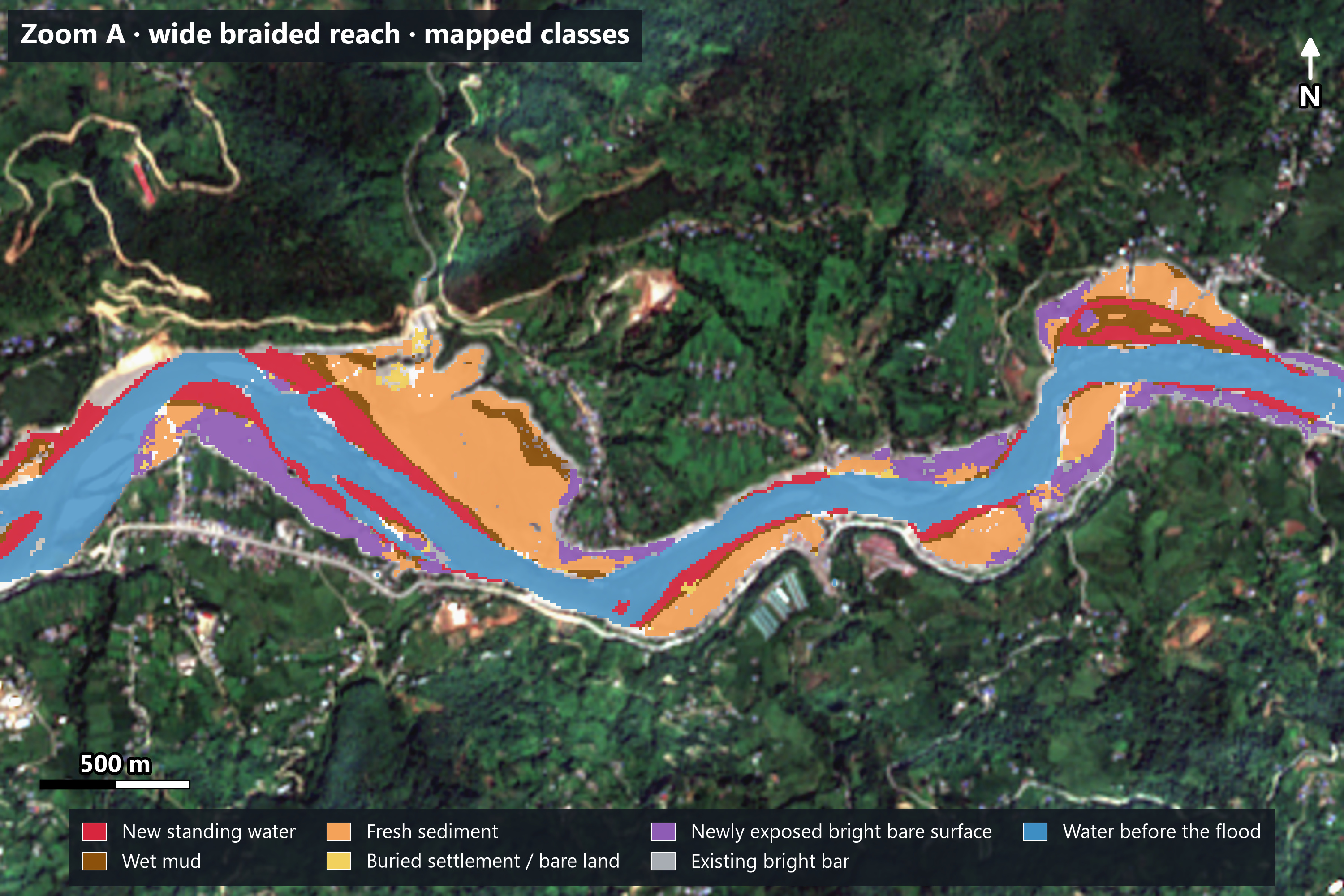 Satellite view of a wide braided river reach, and the same view with the mapped classes coloured over it and a legend.