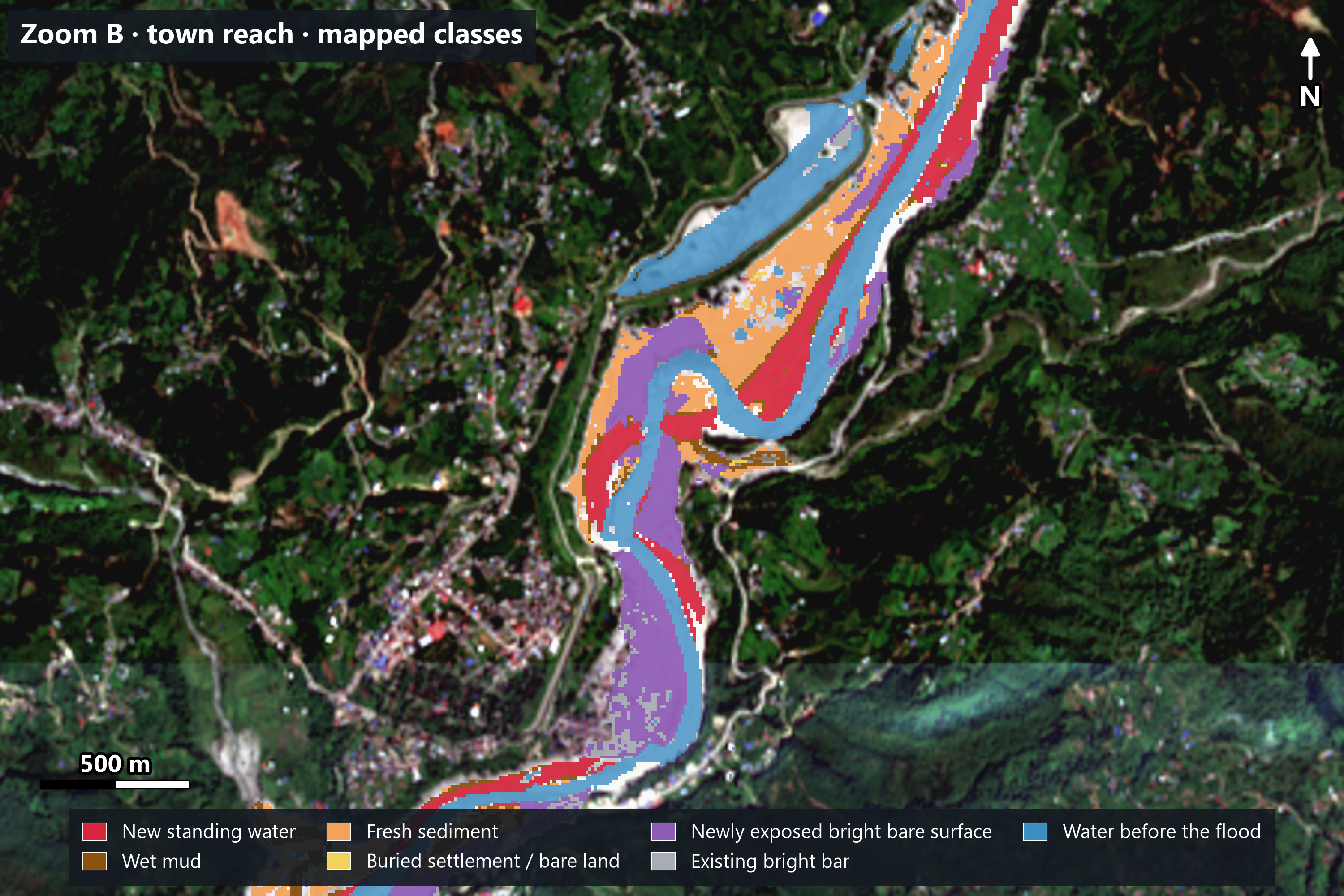 Satellite view of a river bend beside a town, and the same view with the mapped classes coloured over it and a legend.