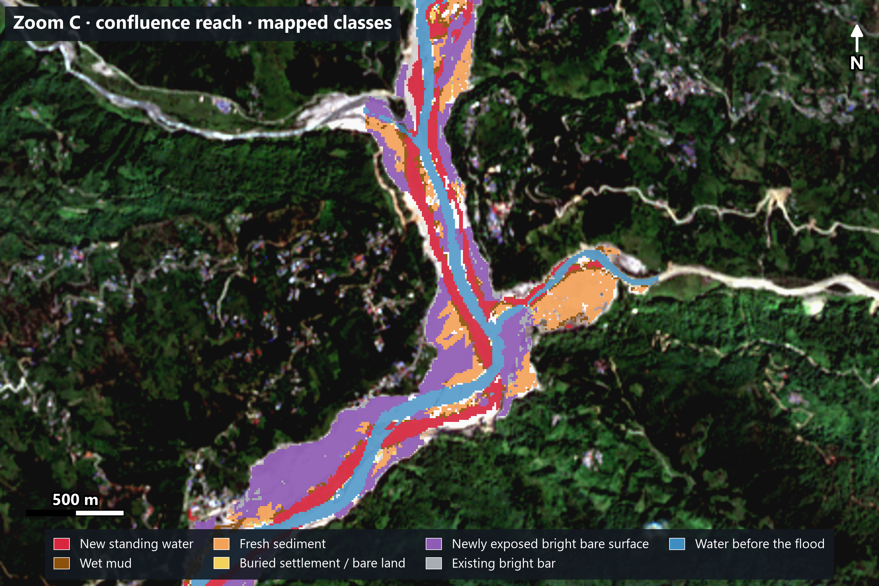Satellite view of a river confluence, and the same view with the mapped classes coloured over it and a legend.