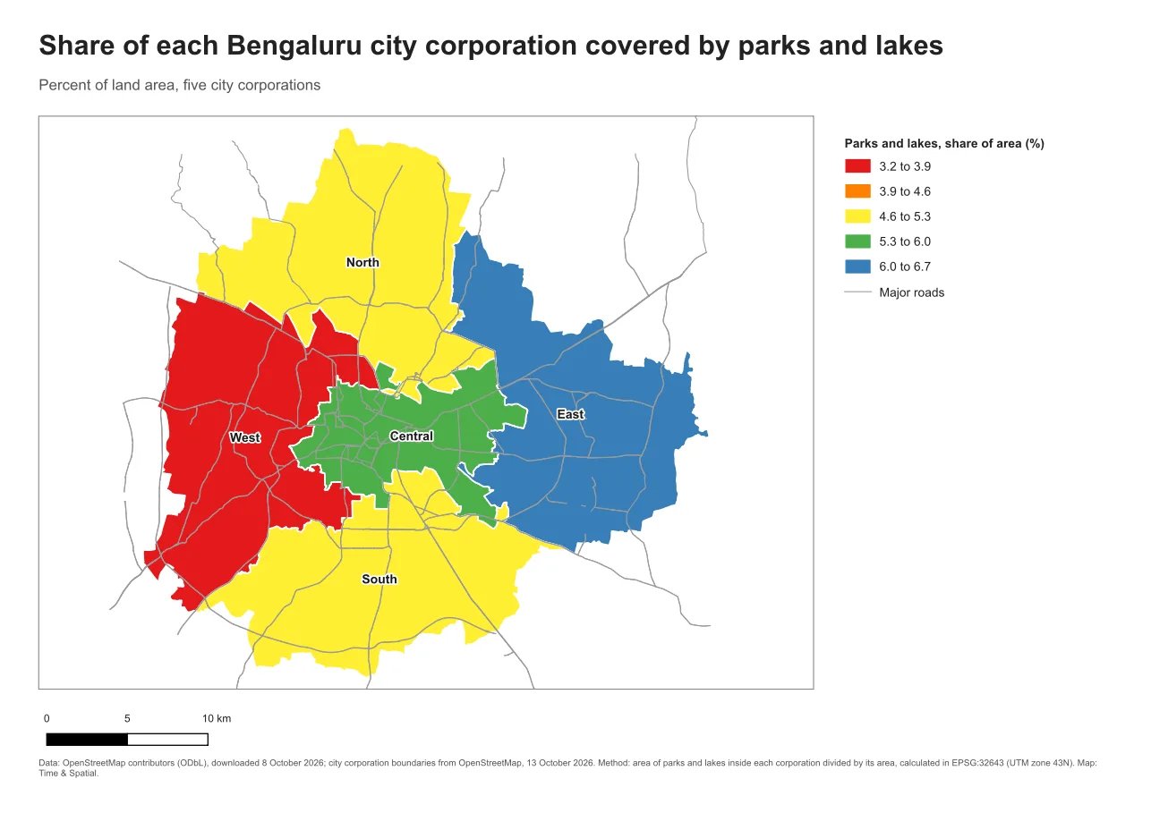 A map of the five city corporations coloured with a rainbow: red, orange, yellow, green and blue, with one legend class matching no area
