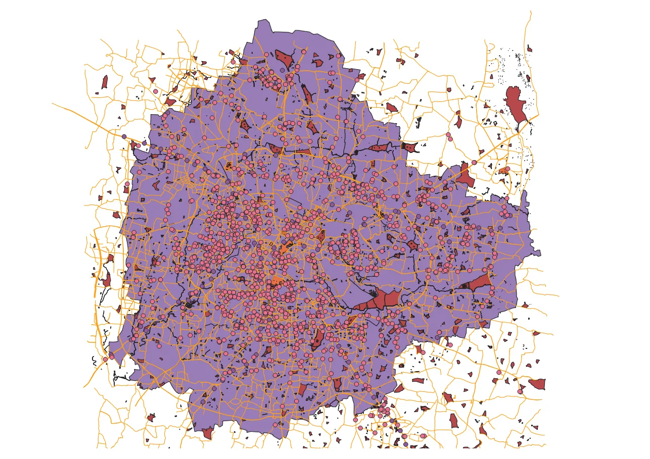 A map of Bengaluru with five layers switched on at once in default colours: a solid pink polygon, brown lakes, hospital and station points, and roads, with no title, legend or scale