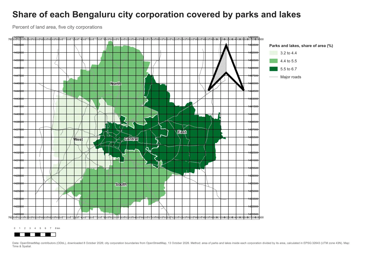 A map covered with a dense black grid with overlapping coordinate labels around the edge, an oversized north arrow and a scale bar with eight tiny segments