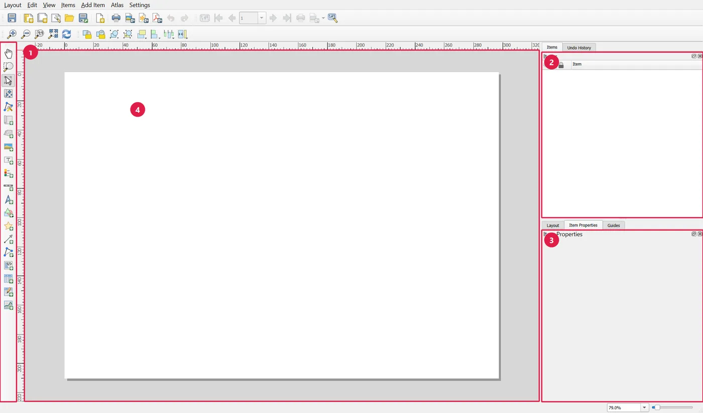 The empty Print Layout window with four areas outlined and numbered: the toolbox on the left, the Items panel at the top right, the Item Properties panel at the bottom right and the white page in the middle