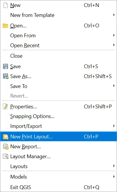 The QGIS Project menu with New Print Layout highlighted