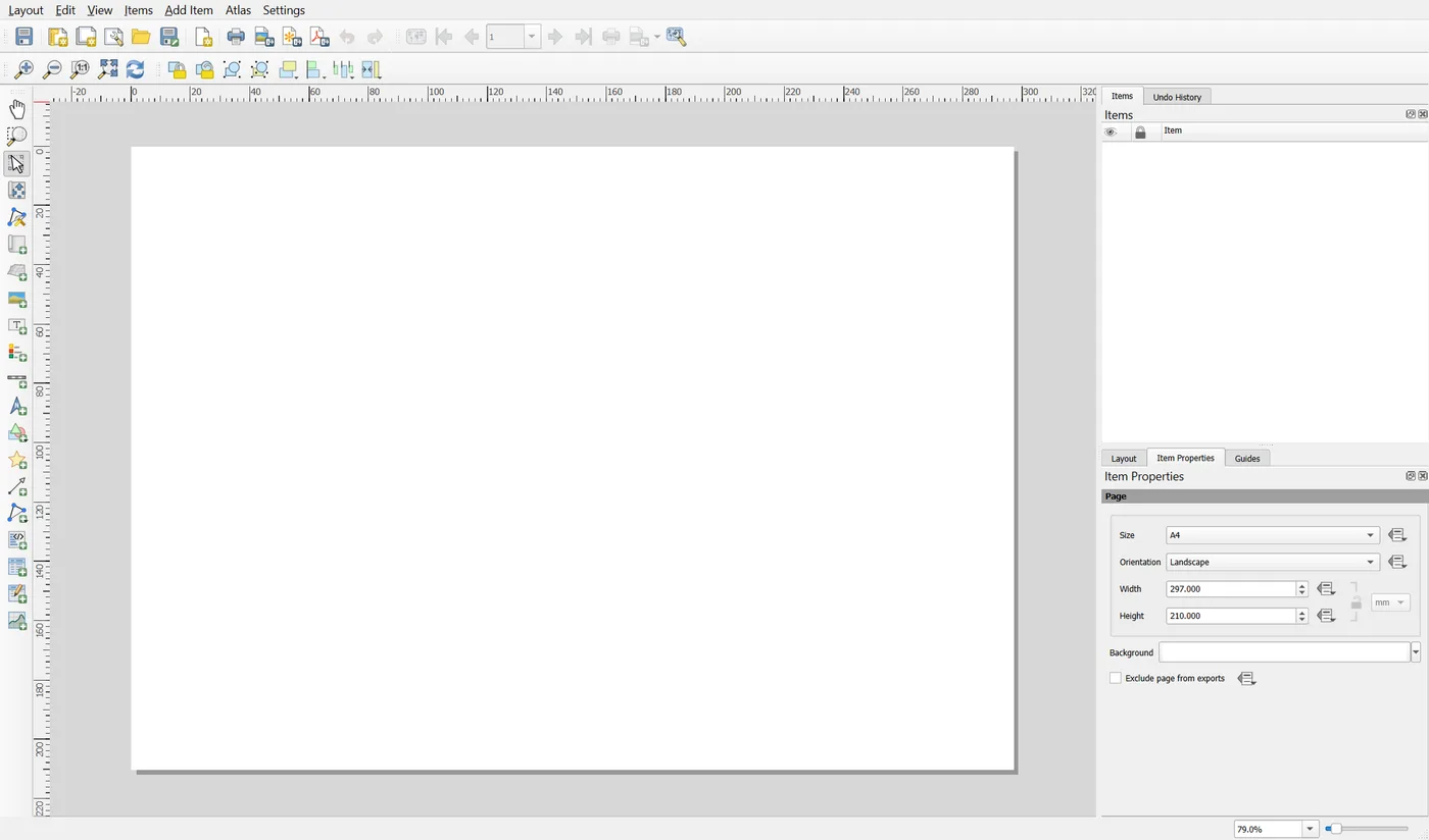 The Print Layout window with the Page properties in the Item Properties panel: size A4, orientation Landscape, width 297 and height 210 millimetres