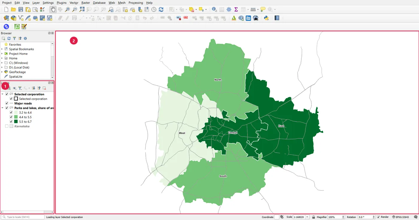 The QGIS main window with the start project open: a Layers panel with four layers on the left and the five Bengaluru city corporations in three shades of green on the map canvas