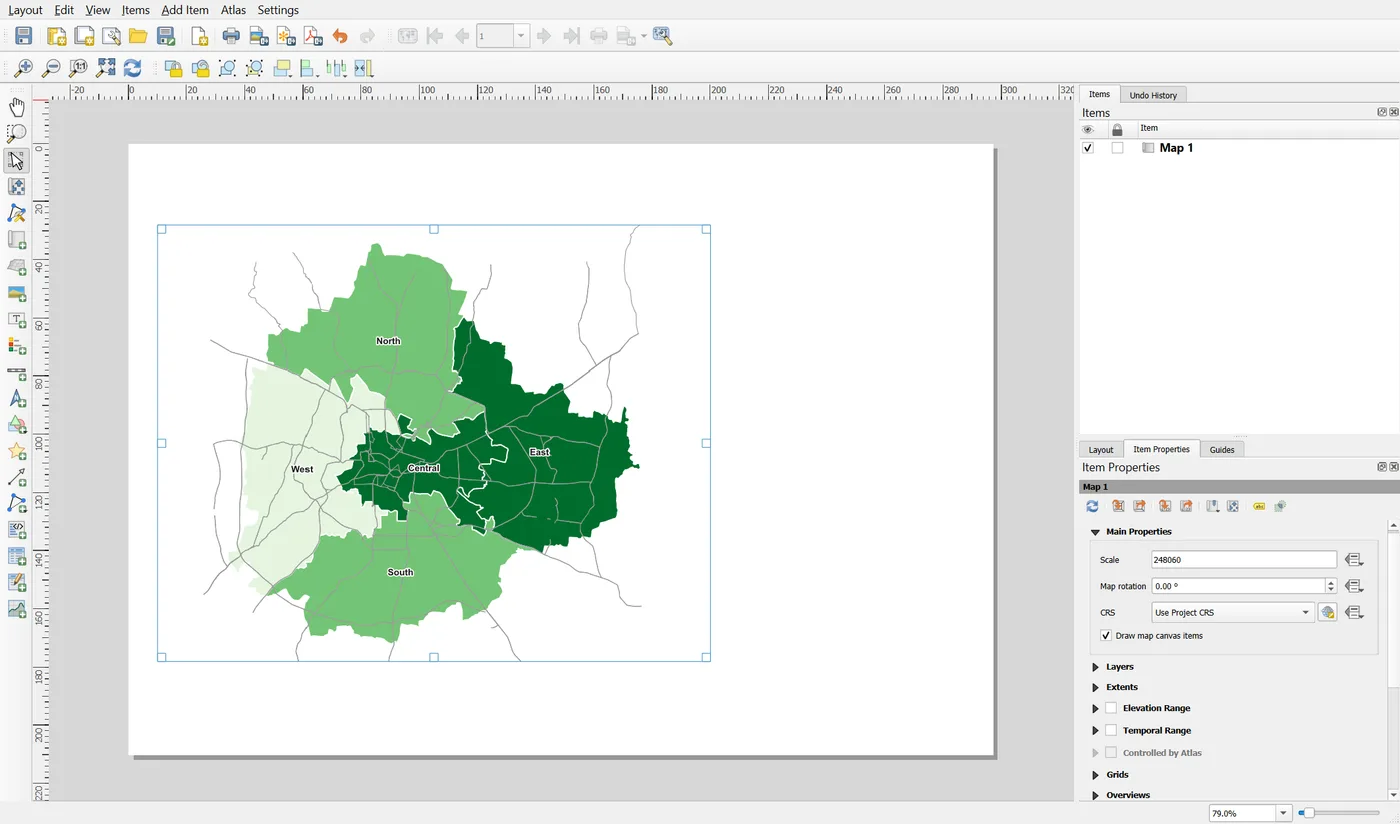 The layout window with the Bengaluru corporations drawn in a rectangle on the page and the Main Properties of Map 1 shown at the right
