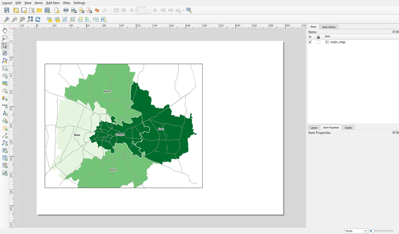 The layout window with the framed map of the five Bengaluru corporations on the left of the page and the item named main_map in the Items panel