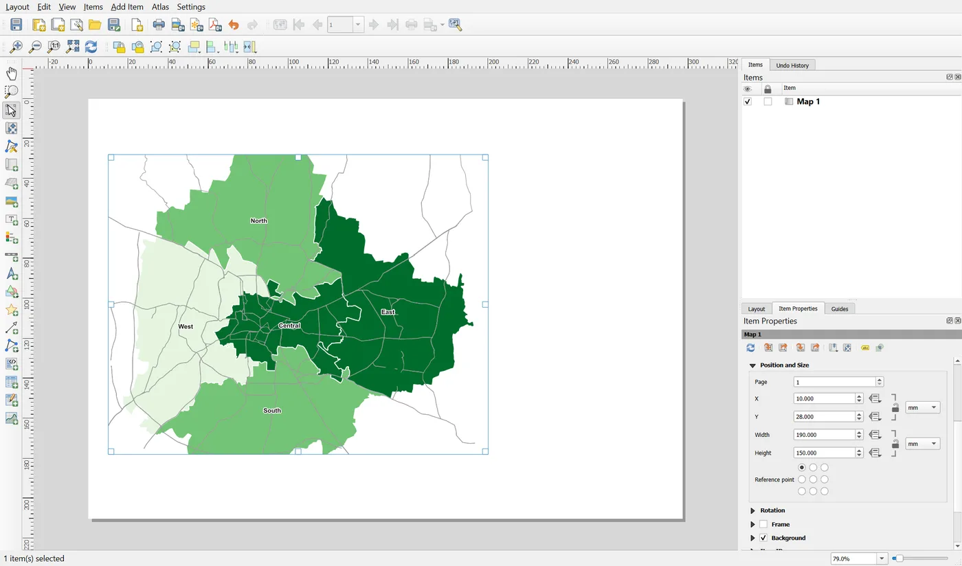 The Position and Size group of the map item with X 10, Y 28, width 190 and height 150 millimetres