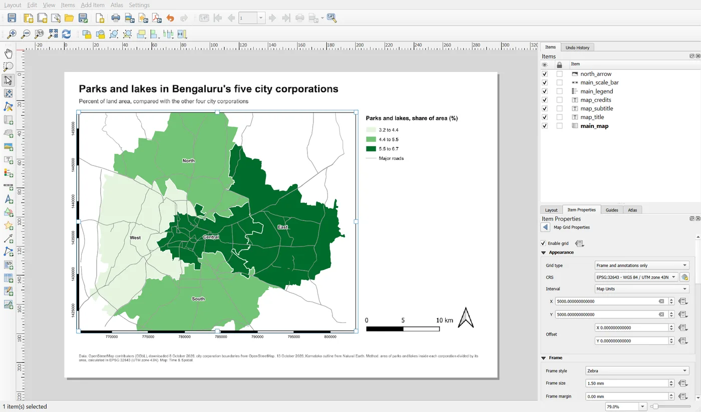 The Map Grid Properties panel with the grid type Frame and annotations only, the CRS EPSG:32643, an interval of 5000 map units in X and Y, and a Zebra frame style
