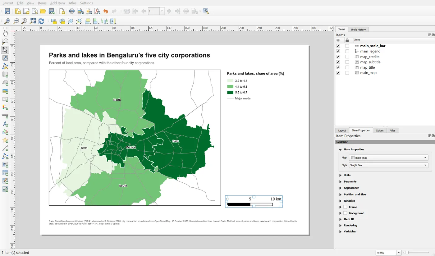 The Main Properties of the scale bar with the linked map main_map, the style Single Box and the units set to kilometres