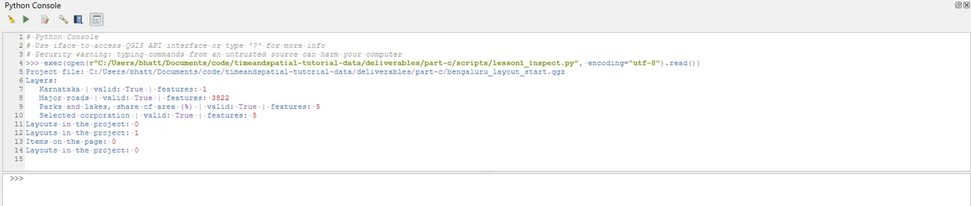 The QGIS Python Console after running lesson 1: the project path, four layers each valid with its feature count, and the layout count going from 0 to 1 and back to 0