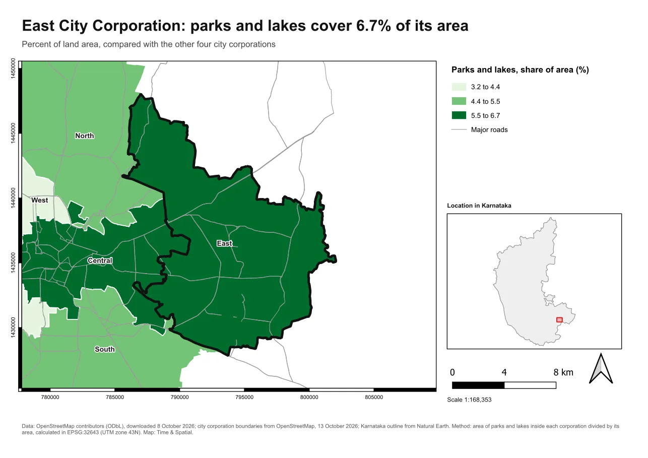 The layout made from the template: the East corporation with a dark outline, a title about East, the legend, the locator map with a small red box, a scale bar and a source note
