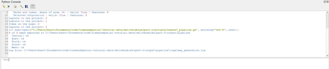 The QGIS Python Console after running the pipeline: 5 of 5 maps exported with each corporation marked ok, and the path of the log file