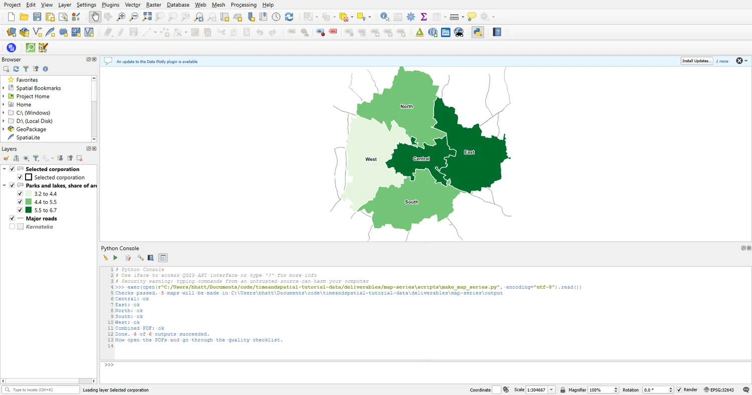 The QGIS main window with the Python Console open at the bottom, showing the script's output: checks passed, five maps ok, combined PDF ok, and Done 6 of 6 outputs succeeded