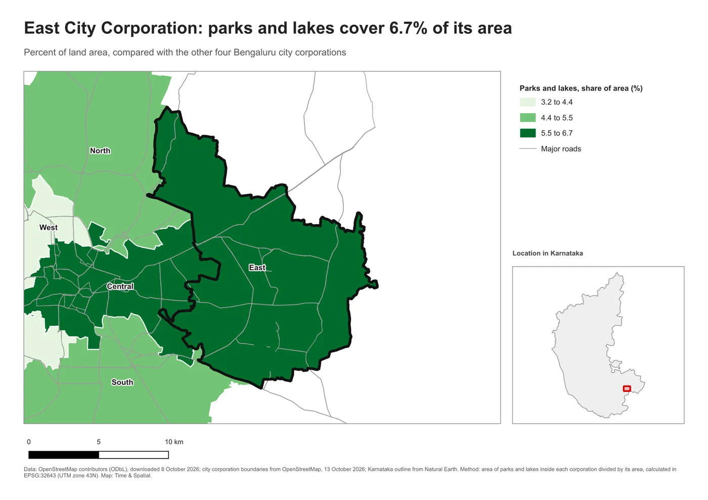A finished A4 map of the East City Corporation of Bengaluru, outlined in black on a green map of the five corporations, with a title, legend, scale bar, locator map of Karnataka and source note