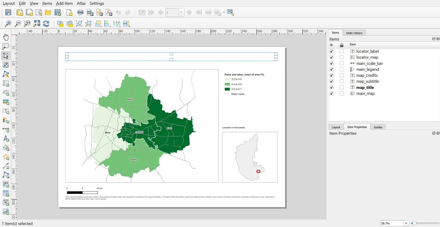 The QGIS Print Layout window showing the template: a map, legend, locator map, scale bar and source note, with the Items panel on the right listing eight items by their IDs and map_title highlighted