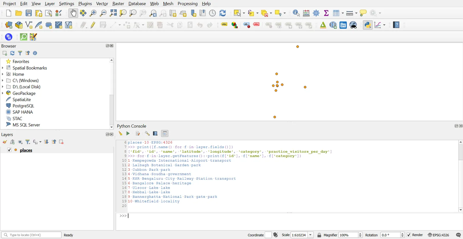 The Python console after running the four commands, with the places layer on the map