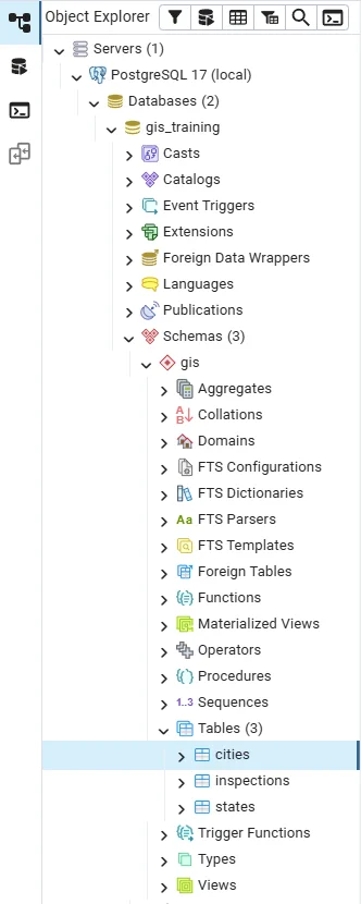 The pgAdmin Object Explorer with the server, the gis_training database, the gis schema and its three tables: cities, inspections and states