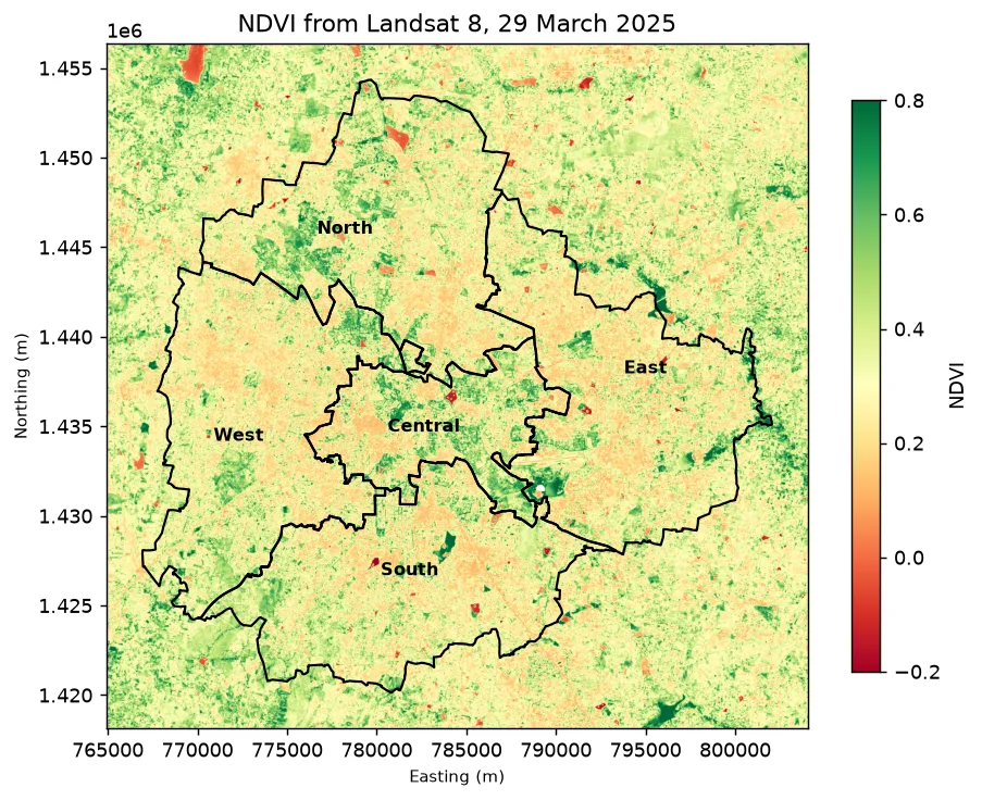 A map of NDVI over Bengaluru from Landsat 8 in red, orange, yellow and green, with the five city corporations outlined in black and labelled; orange built-up areas, green fields around the city, dark green patches of dense vegetation and a few red patches of water