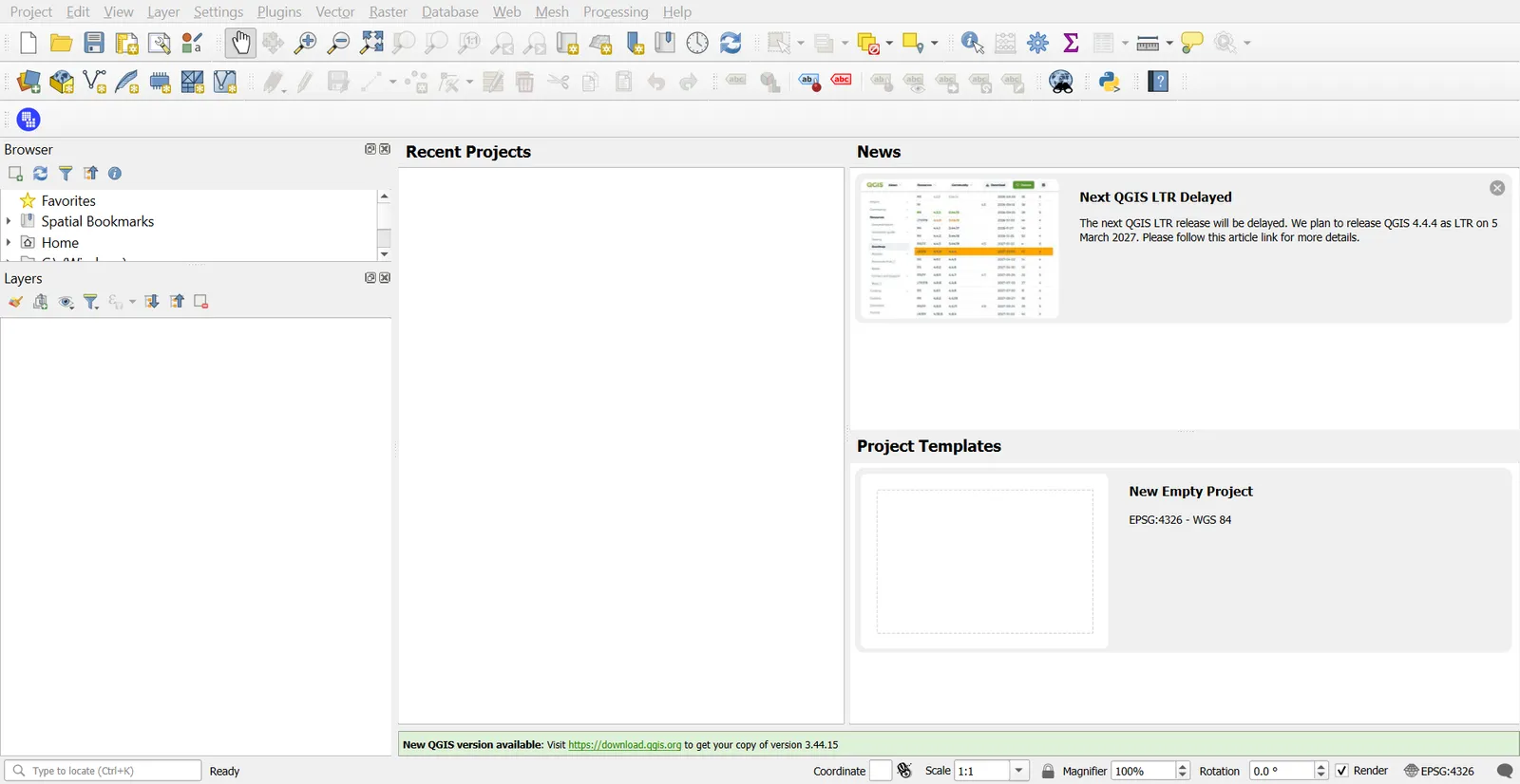 QGIS opening screen with the empty project