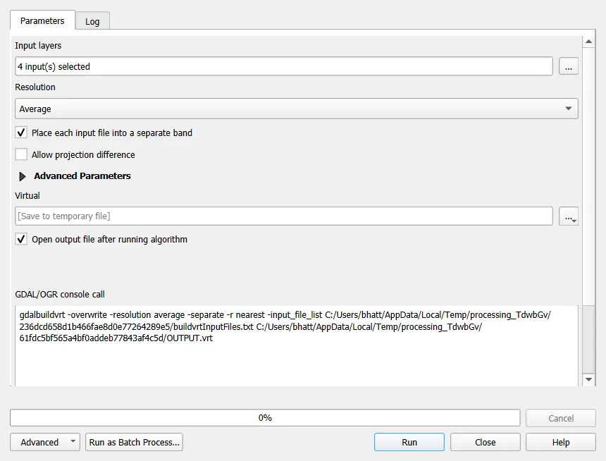 Build Virtual Raster dialog with separate band ticked