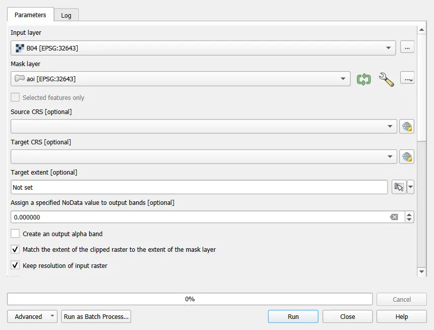 Clip Raster by Mask Layer dialog, with the AOI polygon on the map
