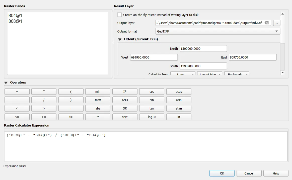 Raster Calculator with the NDVI expression