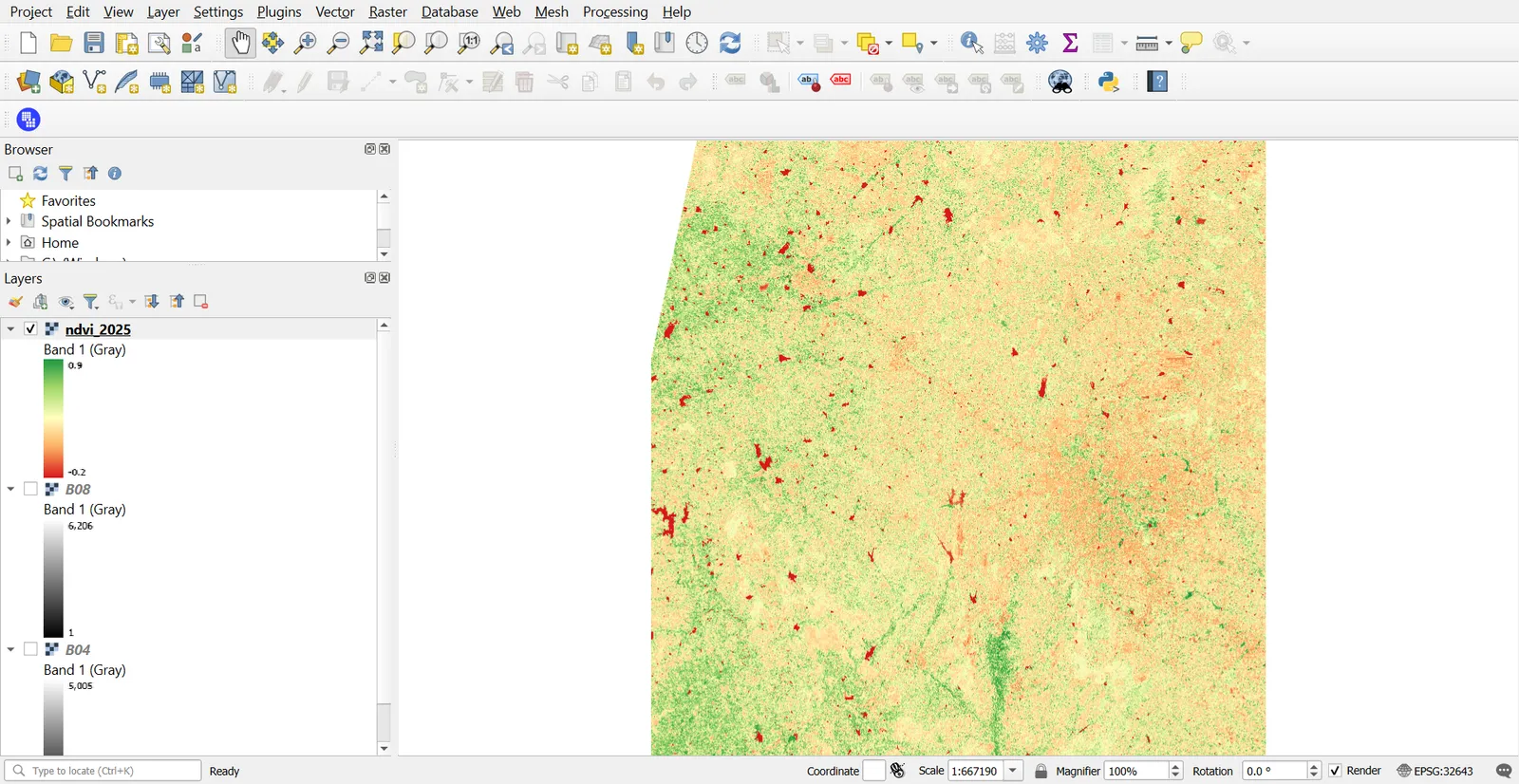 NDVI map styled red to green