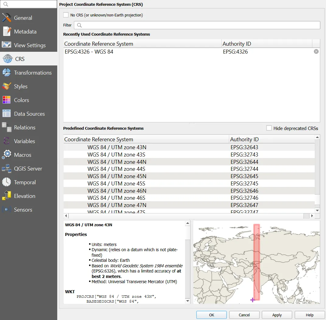 Project Properties, CRS tab with EPSG:32643 selected