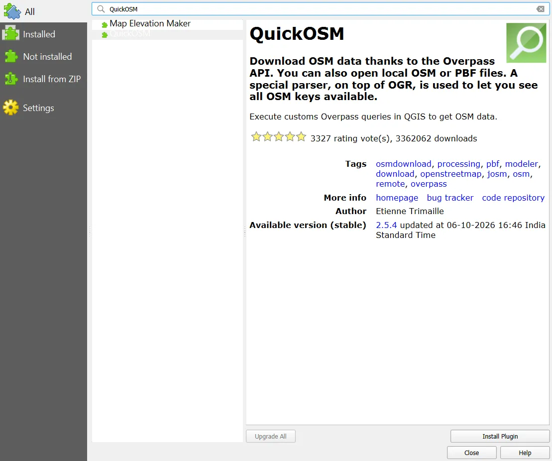 Plugin manager, All tab, search box showing "QuickOSM" with Install Plugin button
