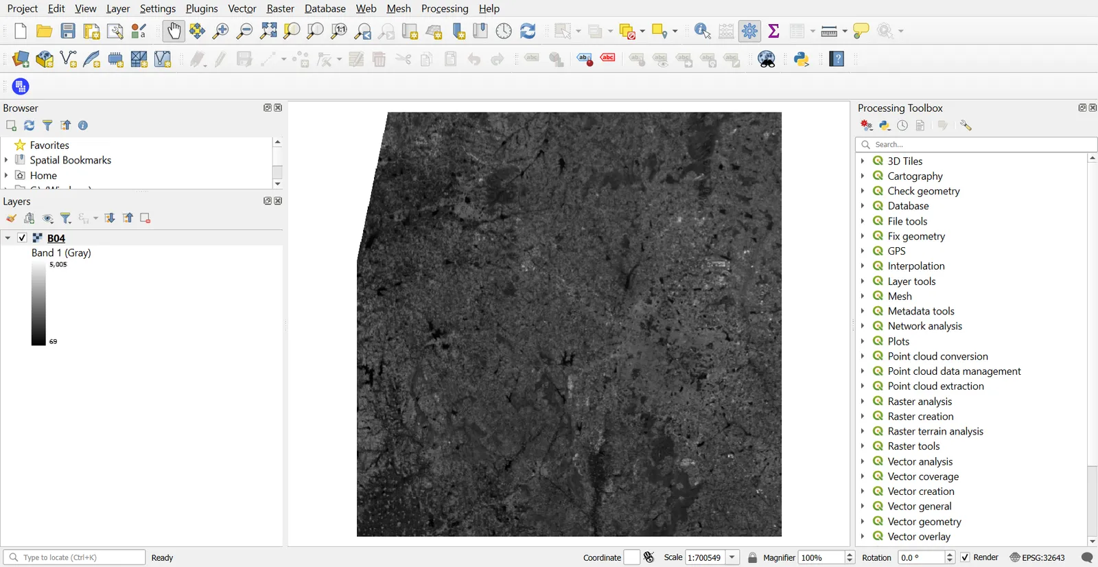 B04.tif shown in grey, Layers panel visible