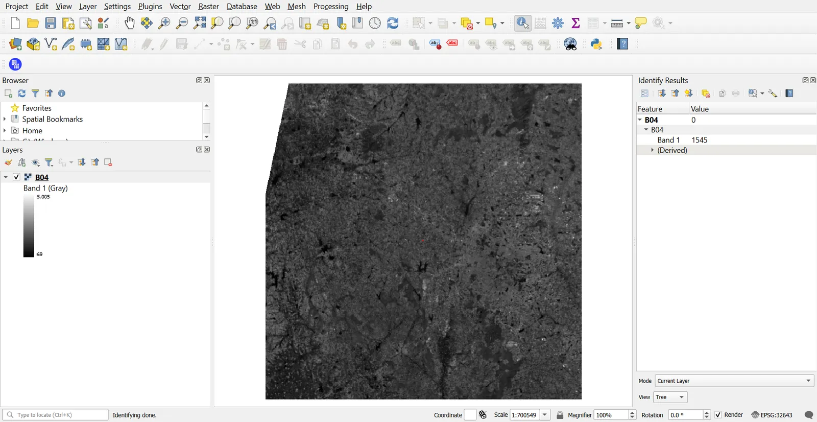 Identify Results panel with a pixel value on B04
