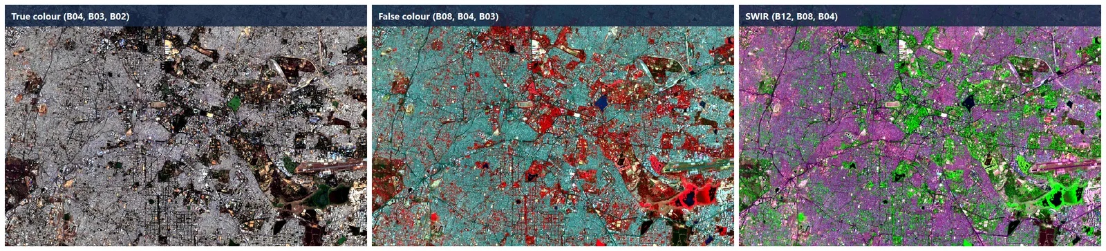 Three panels of the same area: true colour, false colour, SWIR