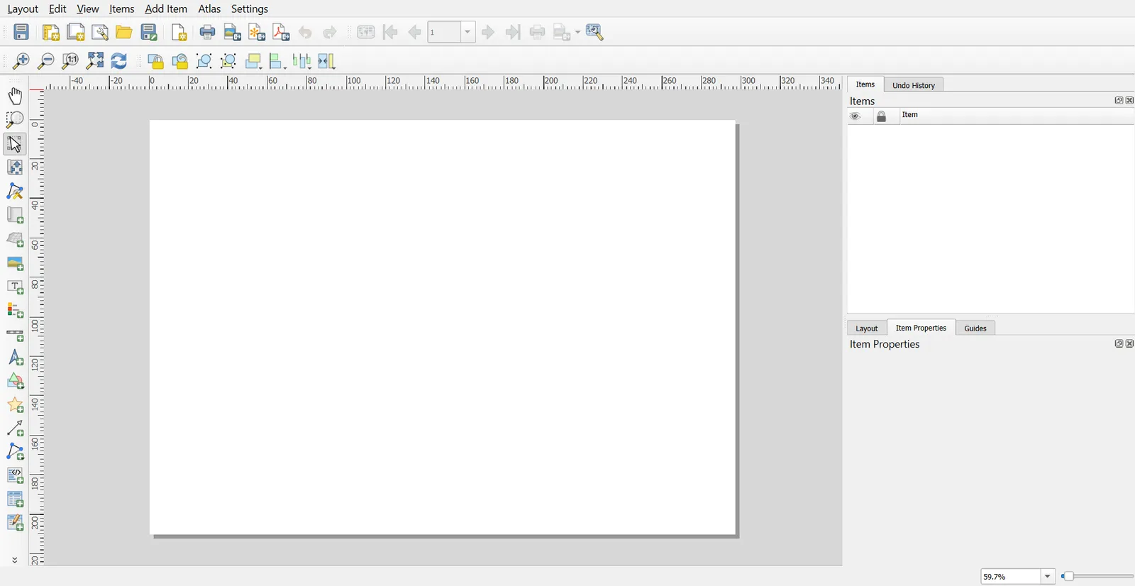 Empty layout window with panels labelled