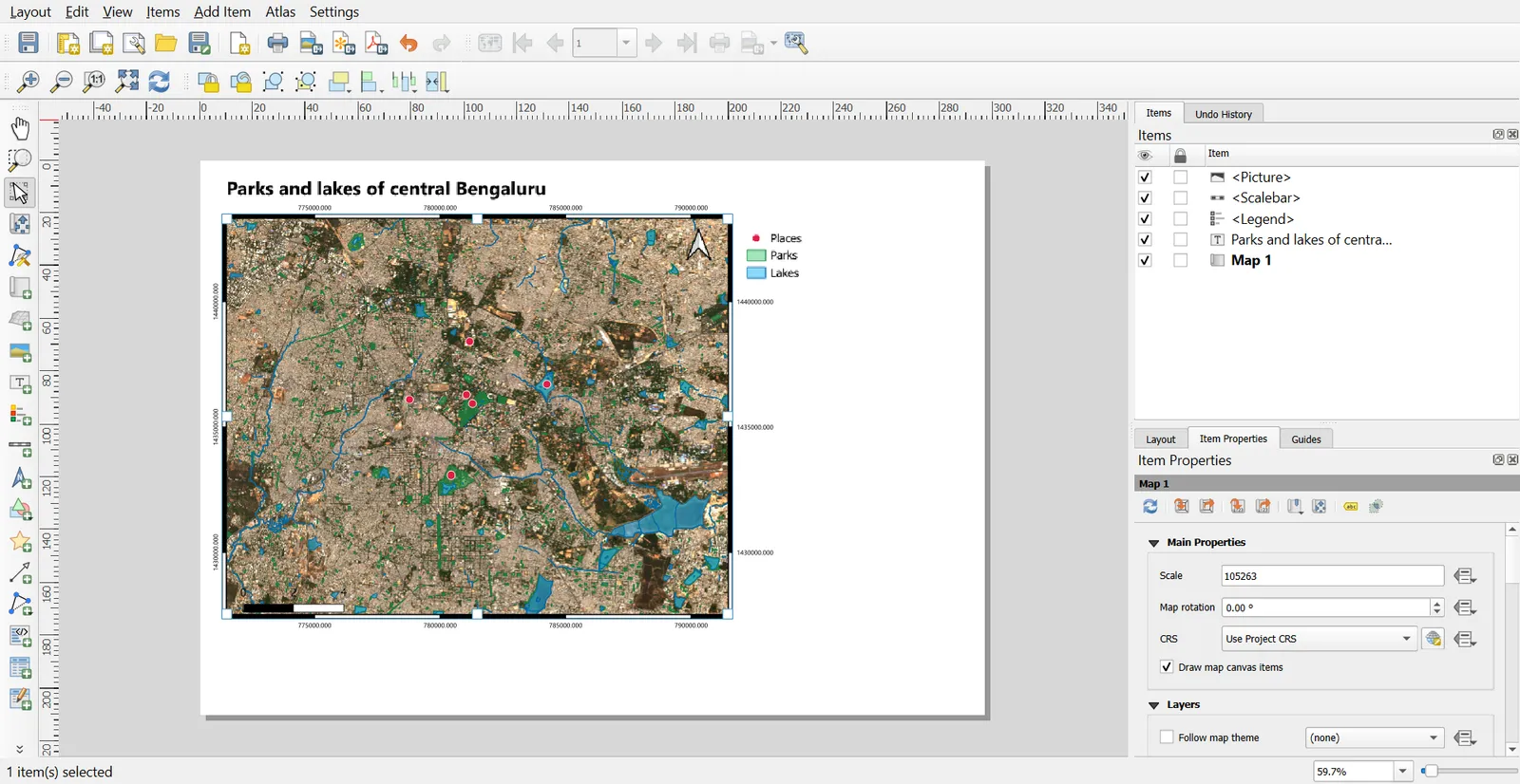 Map with a coordinate grid and labels in the margin