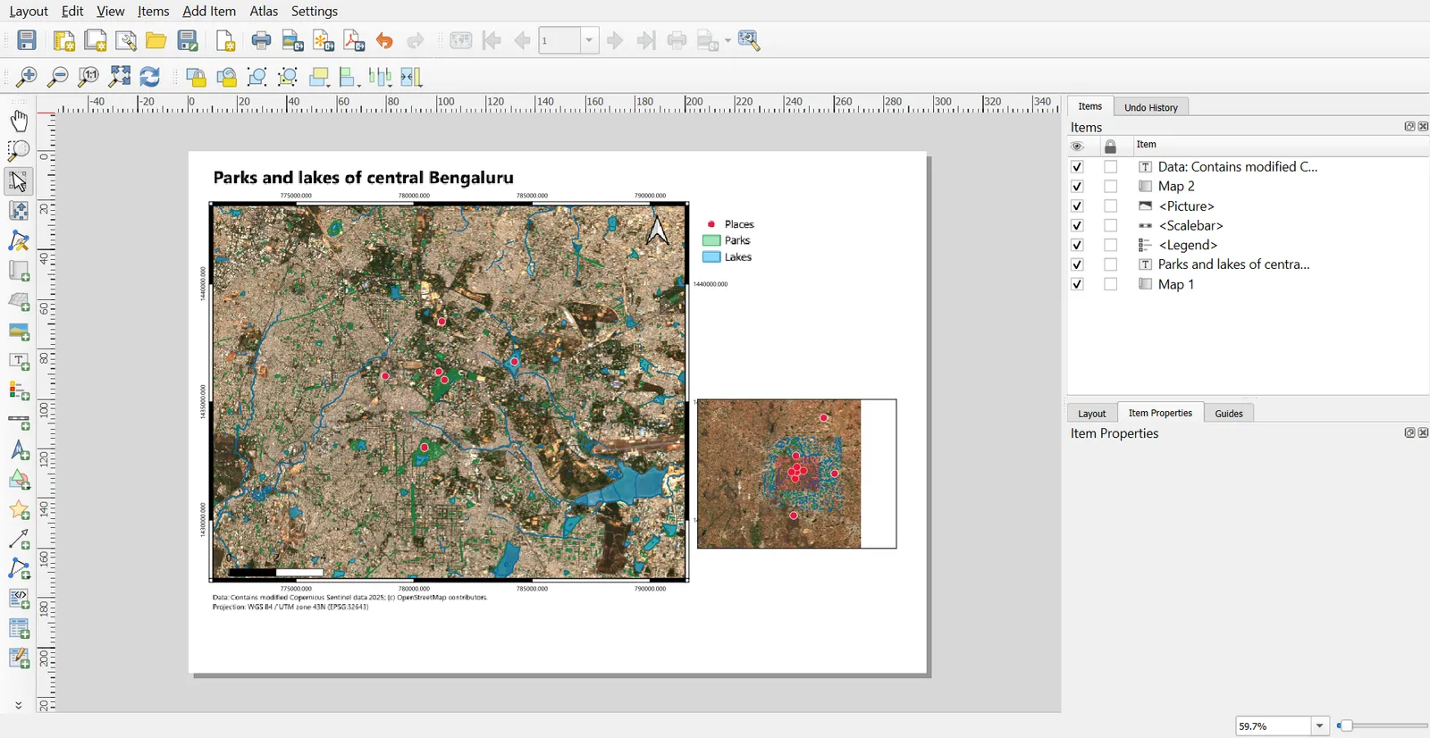 Finished layout with title, map, legend, scale bar, north arrow and credits