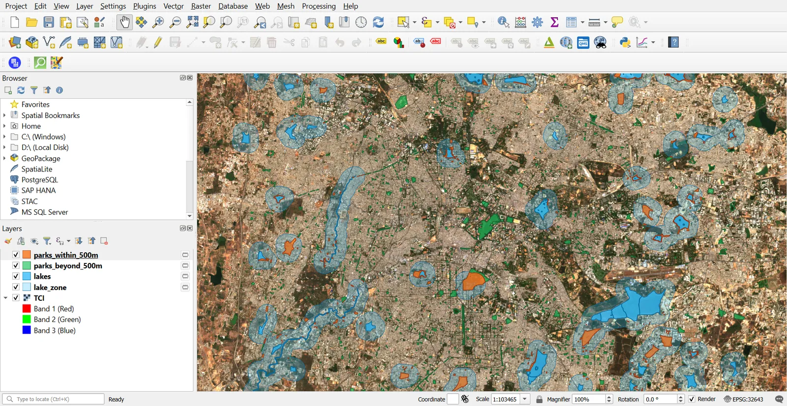 Parks within and beyond 500 m of lakes in two colours