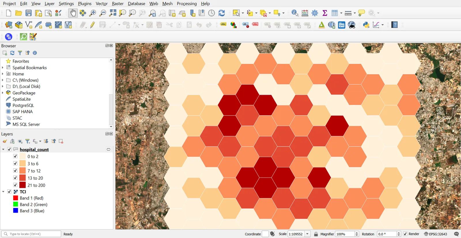 Grid cells coloured by hospital count