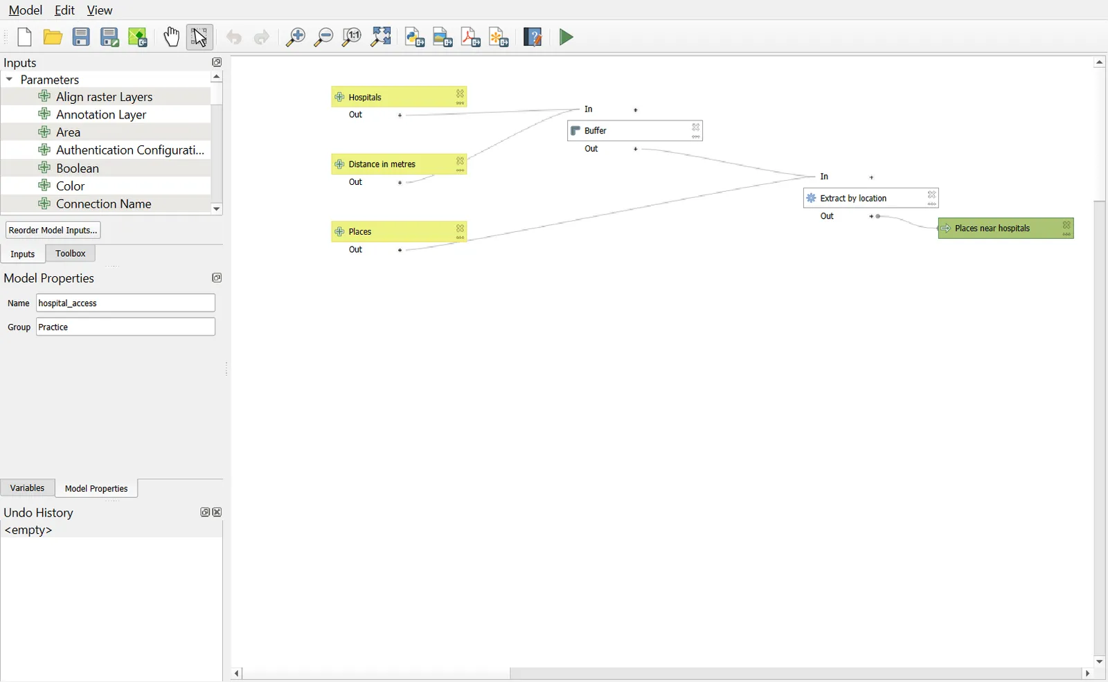Graphical Modeler canvas with inputs, Buffer and Extract by Location