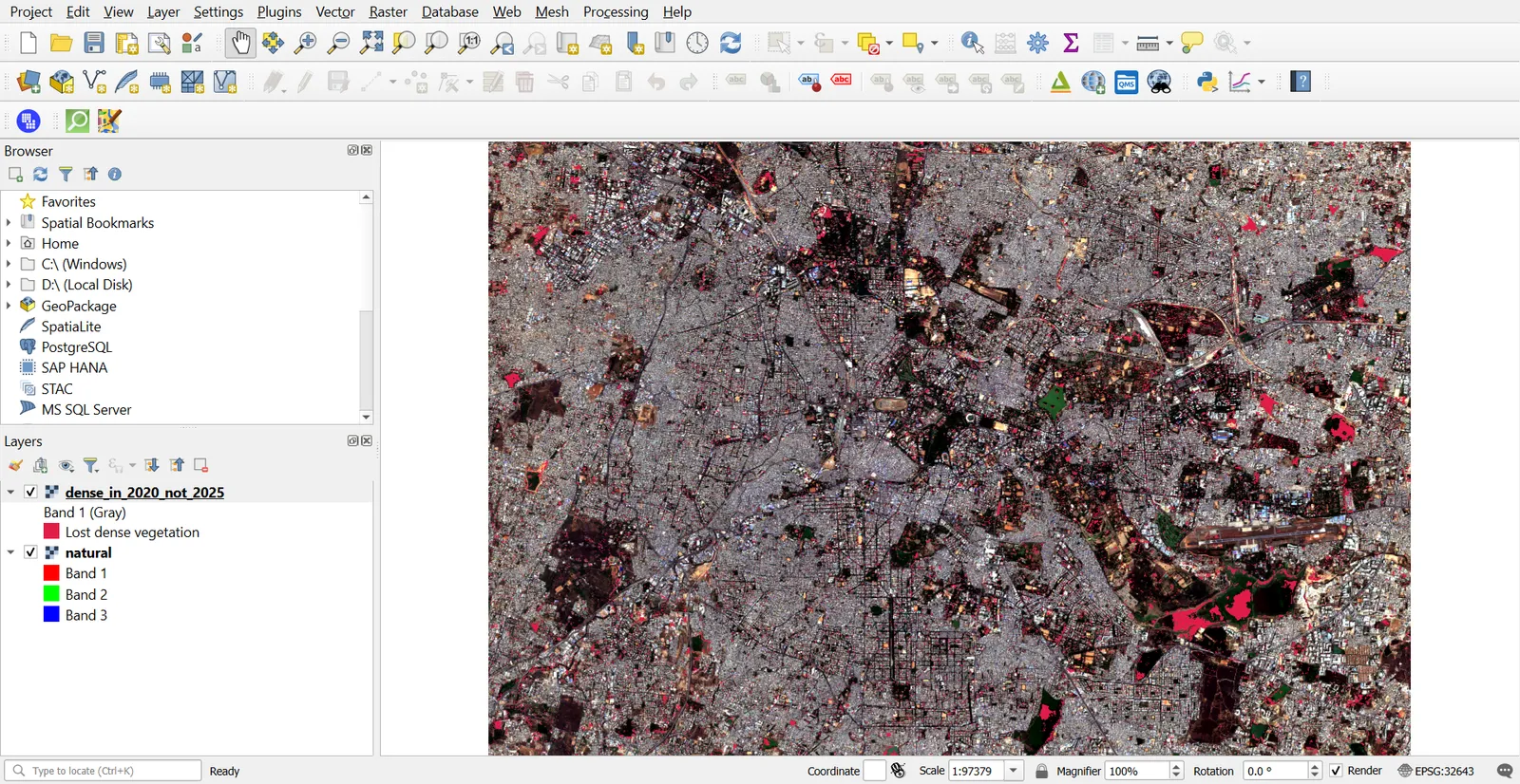 Cells that lost dense vegetation between 2020 and 2025