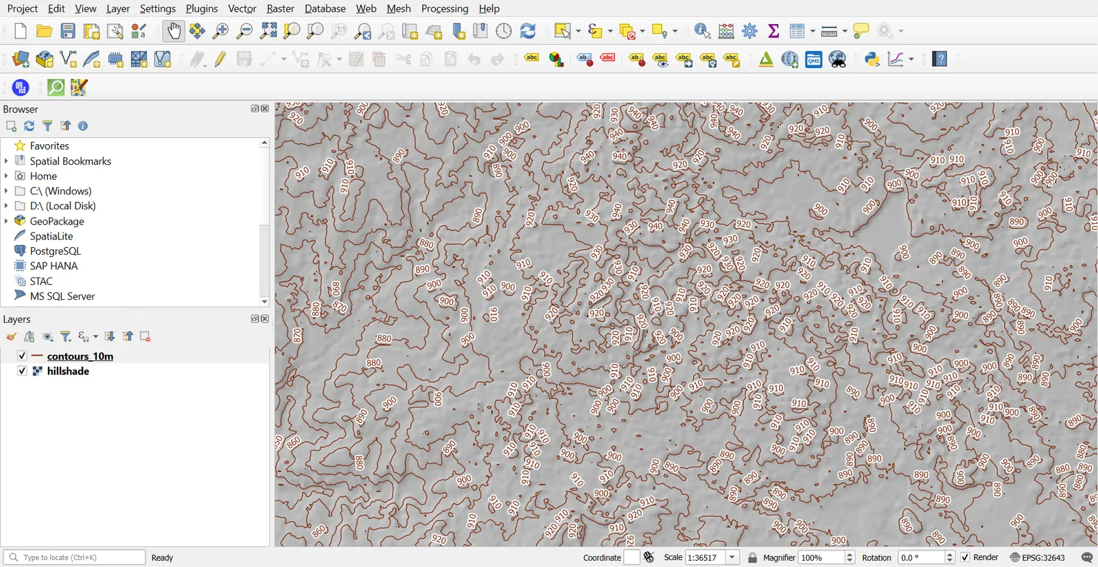 Contours labelled over hillshade
