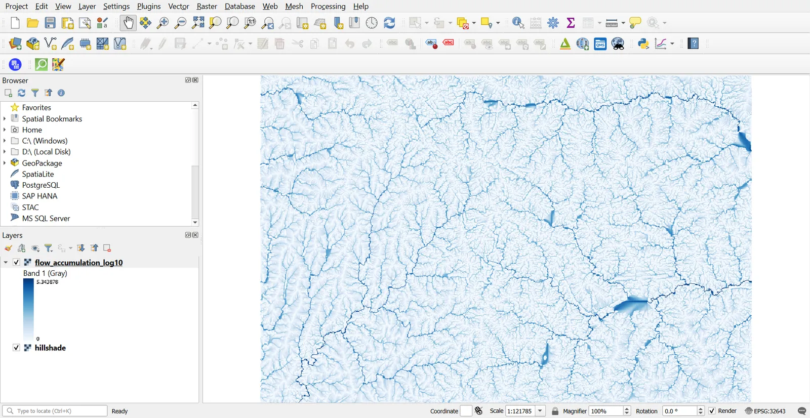 Flow accumulation raster in a log-like stretch