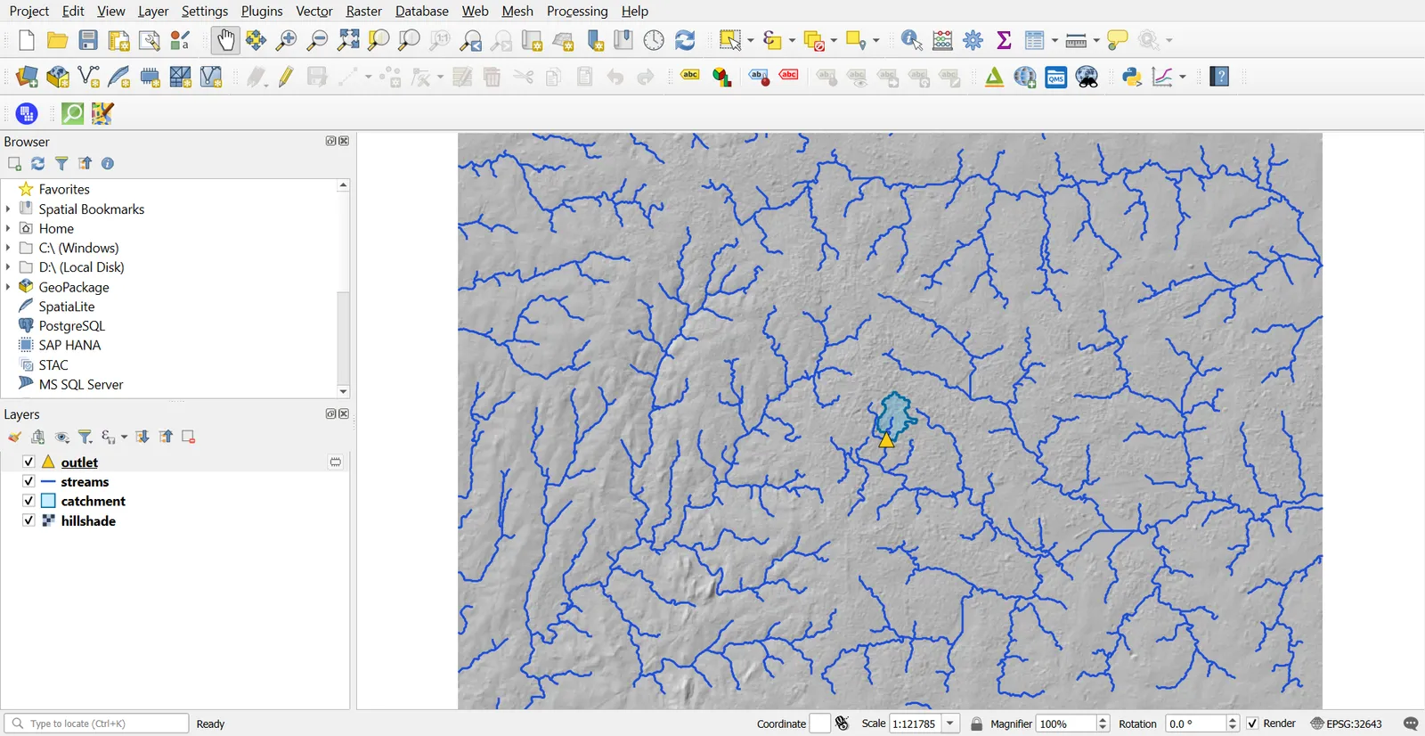 Stream network and a watershed polygon over hillshade