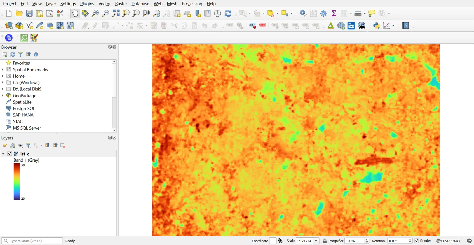 Land surface temperature map in Celsius
