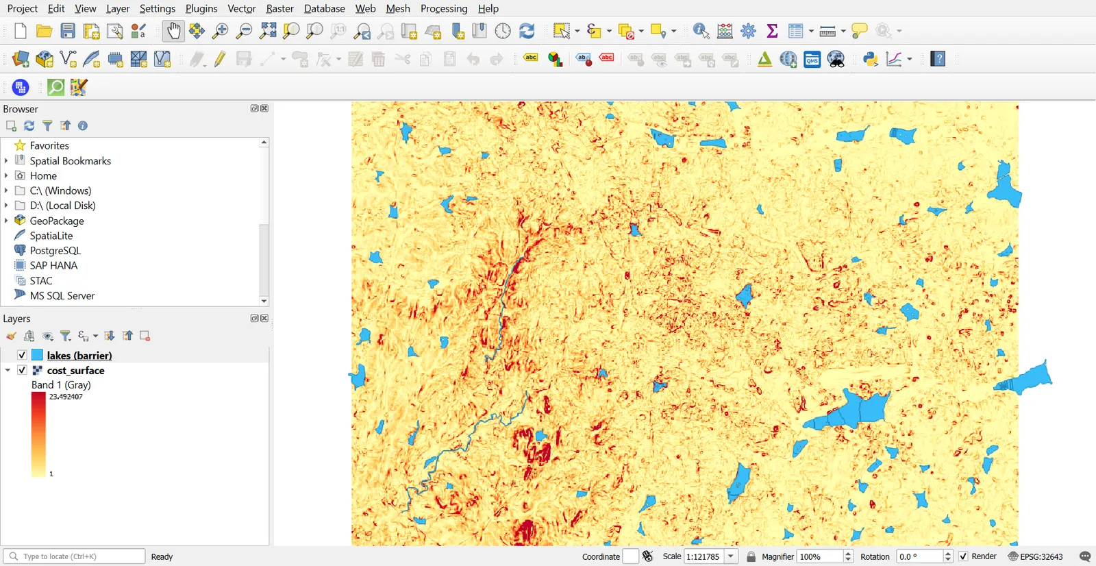 Cost surface from slope, lakes in blue as barriers
