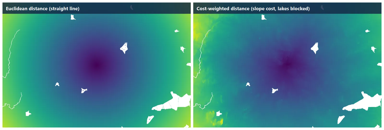 Euclidean distance and cost distance from the same hospital