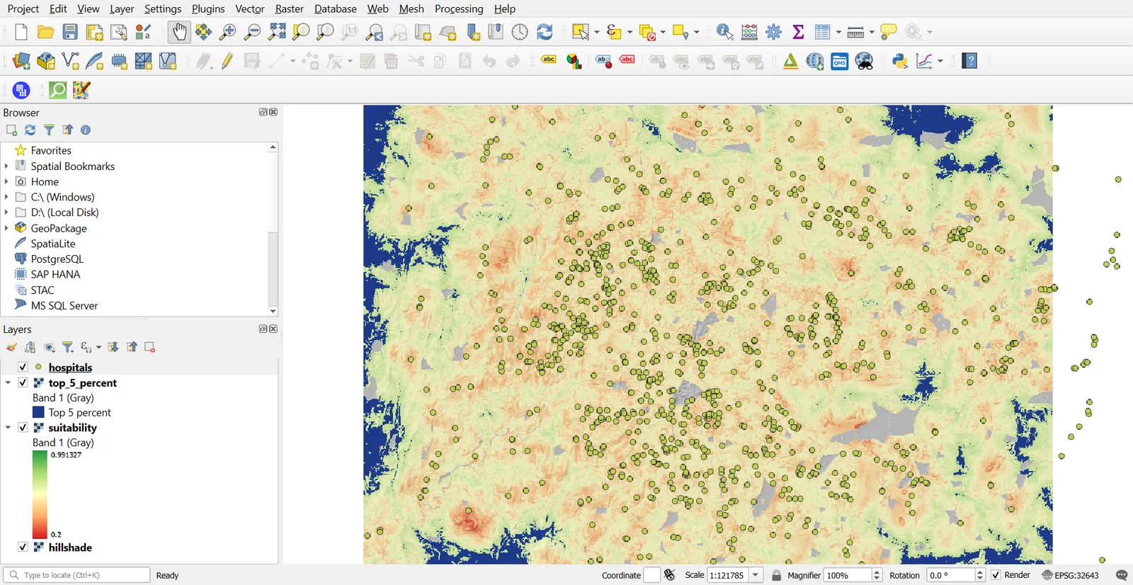 Suitability map with the top 5 percent in dark blue and hospitals on top