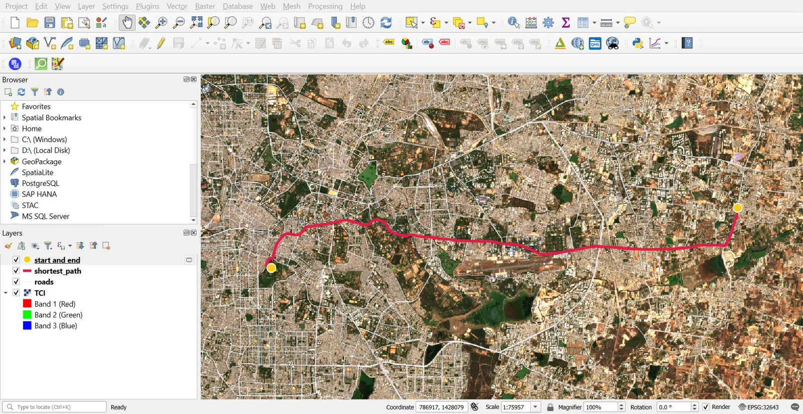 The shortest path in red over the satellite image, with the two end points